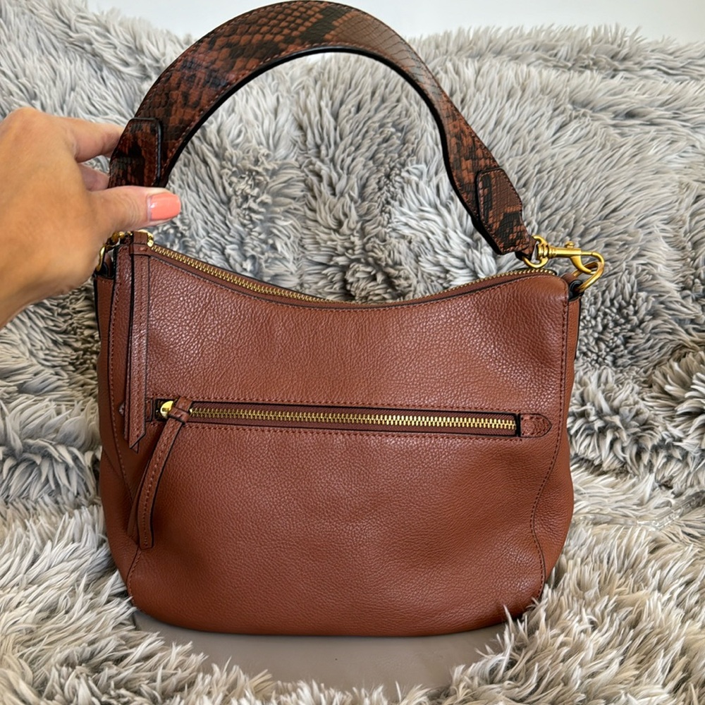 Banana republic brown leather handbag with faux snakeskin handle.